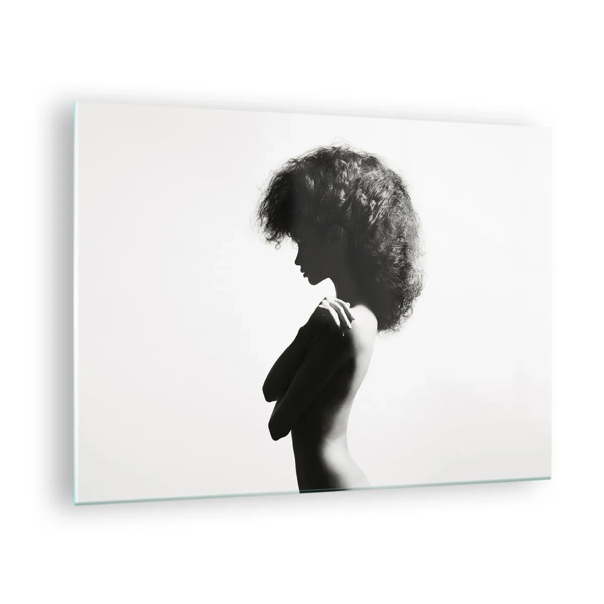 Impression sur verre - Image sur verre - Nu féminin dans une lumière contrastée en noir et blanc - 70x50cm - Comme une fleur au bout d'une fine tige - Décoration murale moderne pour le salon et la chambre ARTTOR