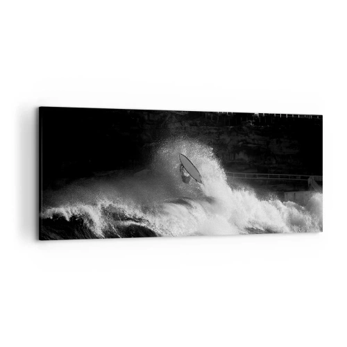 Impression sur toile - Image sur toile - Un surfeur sur une vague en monochrome - 120x50cm - Défi accepté! - Décoration murale moderne pour le salon et la chambre ARTTOR