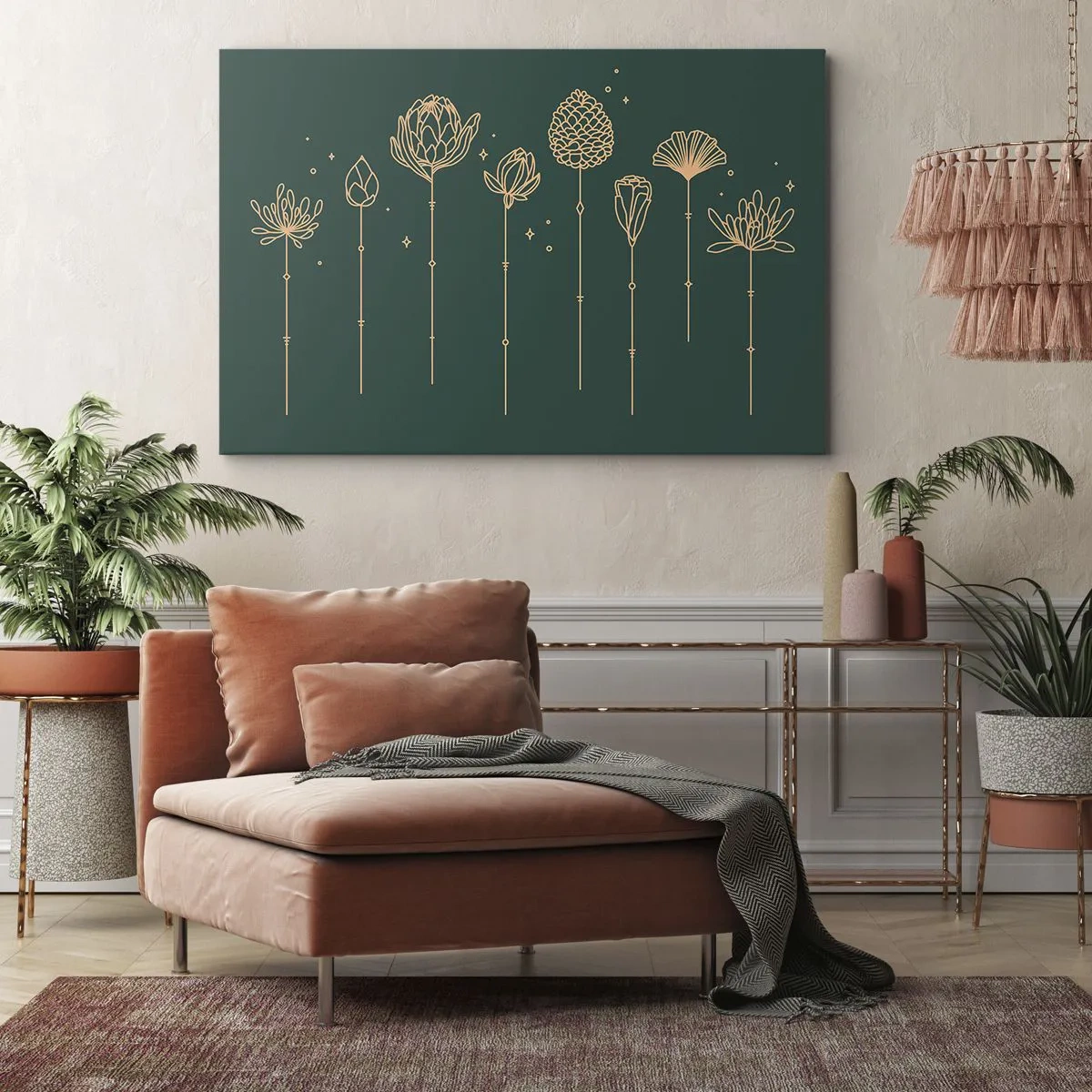 Impression sur toile - Image sur toile - Dessins dorés d'herbes sur fond vert foncé - 100x70cm - La famille Plante - Décoration murale moderne pour le salon et la chambre ARTTOR