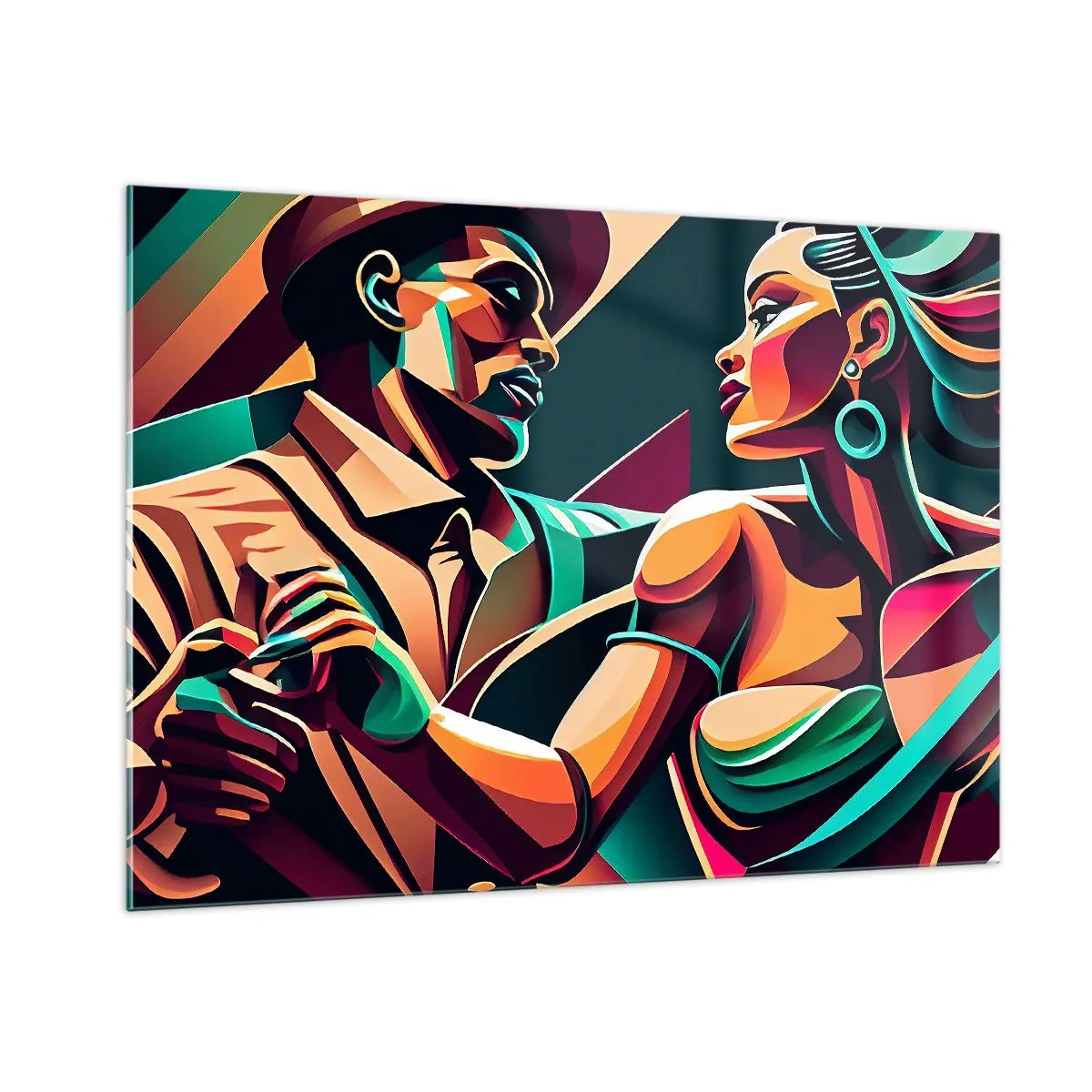 Impression sur verre - Image sur verre - Un couple coloré dansant dans un style art déco avec une expression dynamique. - 100x70cm - Au rythme du coeur - Décoration murale moderne pour le salon et la chambre ARTTOR