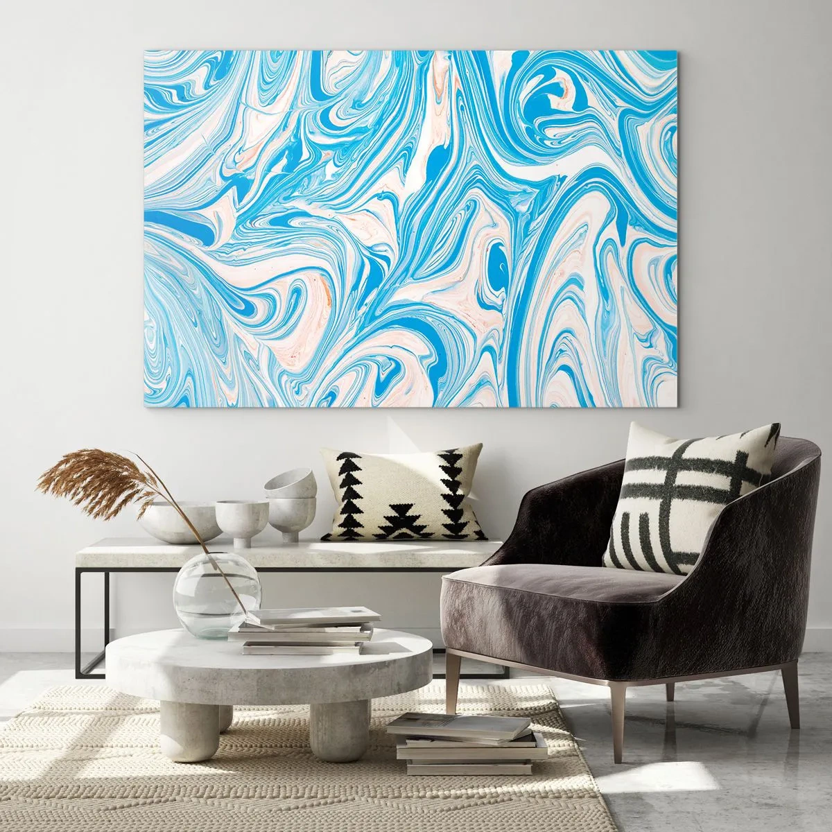 Impression sur verre - Image sur verre - Motif abstrait dans les tons turquoise et beige - 70x50cm - Bassin turquoise - Décoration murale moderne pour le salon et la chambre ARTTOR