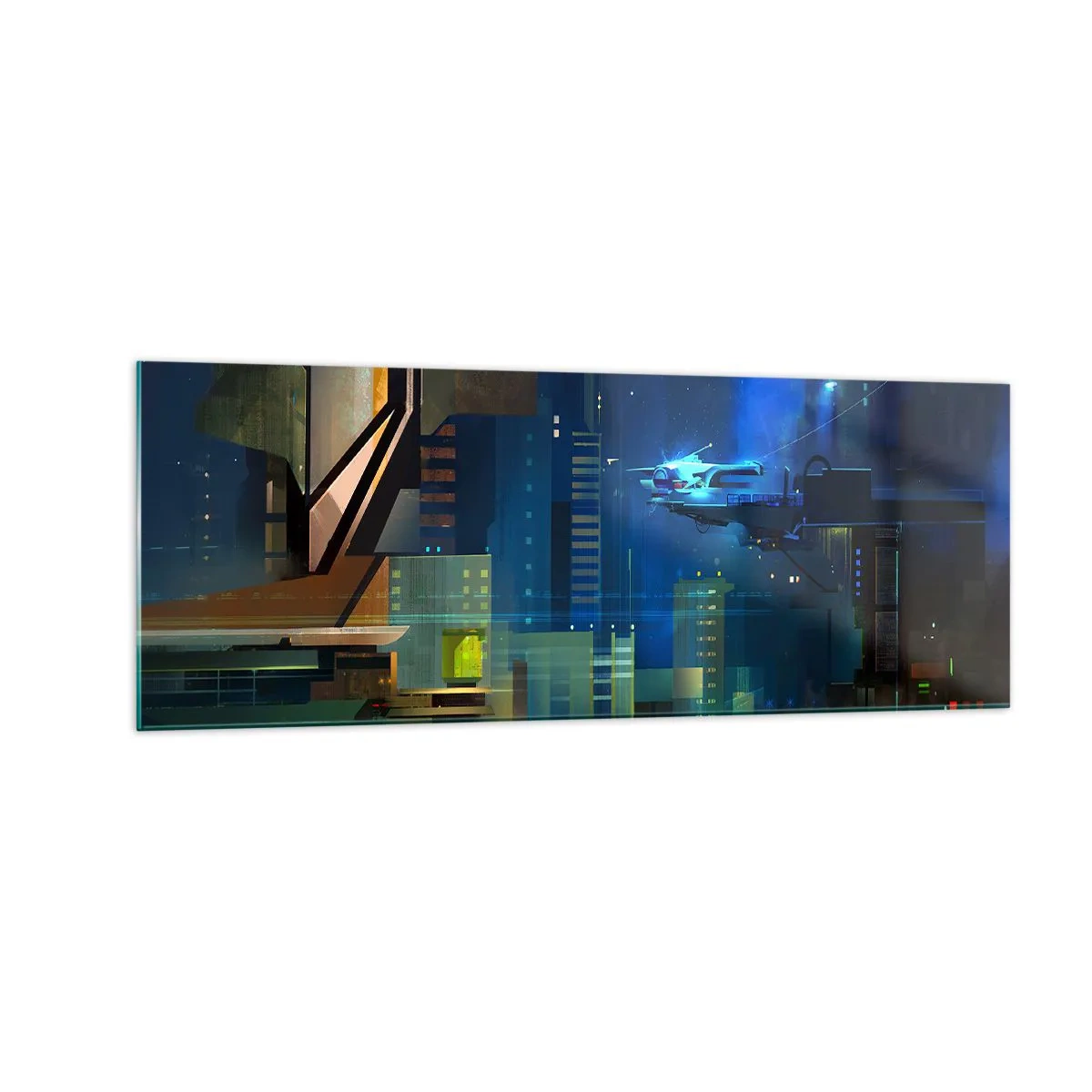 Impression sur verre - Image sur verre - Ville futuriste la nuit avec des néons et un véhicule volant - 140x50cm - Dans le futur proche - Décoration murale moderne pour le salon et la chambre ARTTOR