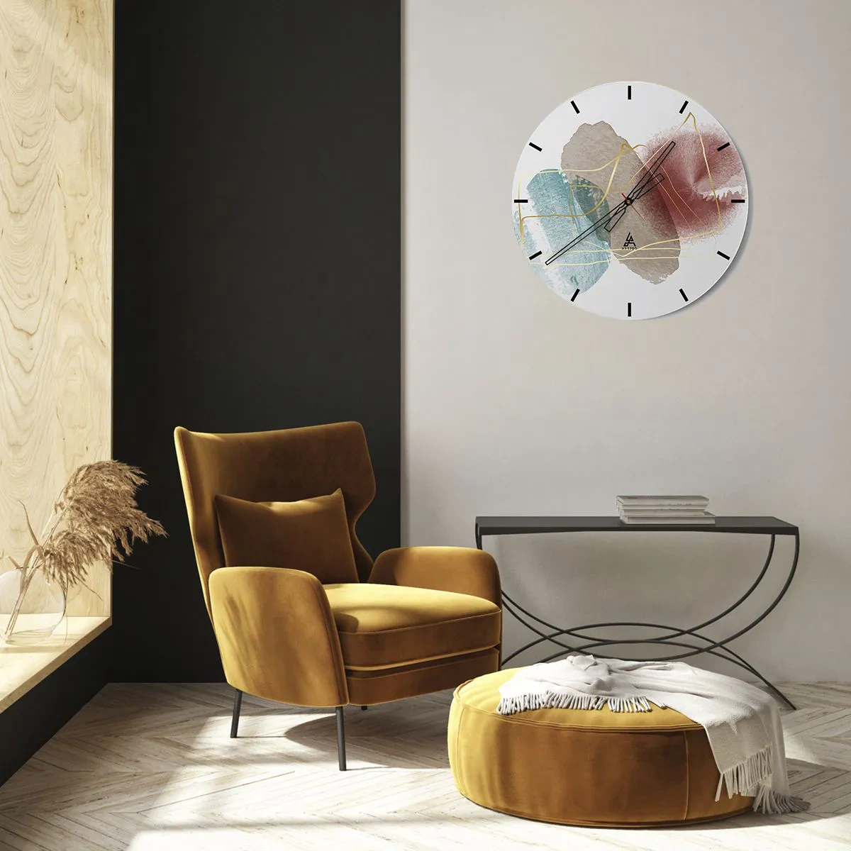 Horloge murale - Pendule murale - Taches d'aquarelle colorées et lignes dorées sur fond blanc - 30x30cm - Coraux de l'espace - Décoration murale moderne pour le salon, la cuisine et la chambre ARTTOR