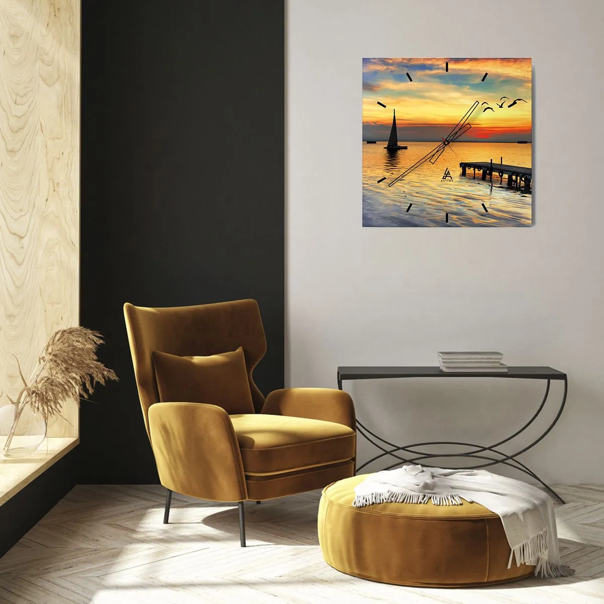 Horloge murale - Pendule murale - Coucher de soleil avec un voilier et une jetée sur un lac calme - 30x30cm - Le soir revient - Décoration murale moderne pour le salon et la chambre ARTTOR