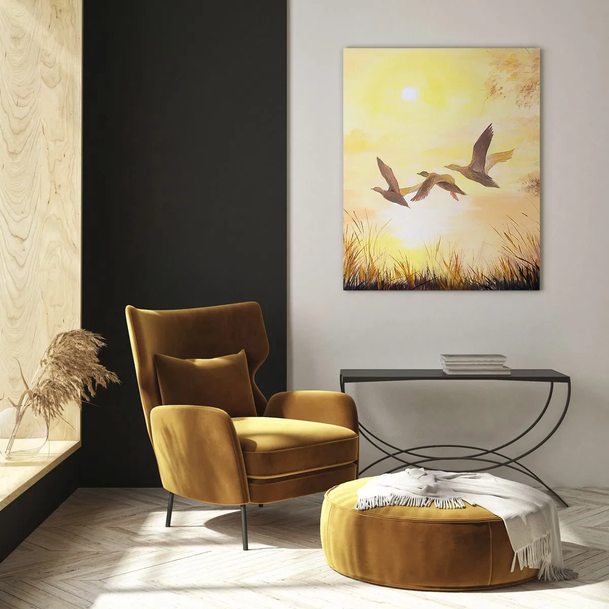 Impression sur verre - Image sur verre - Canards volant au lever du soleil au-dessus du lac - 80x120cm - Le début d'un long voyage - Décoration murale moderne pour le salon et la chambre ARTTOR