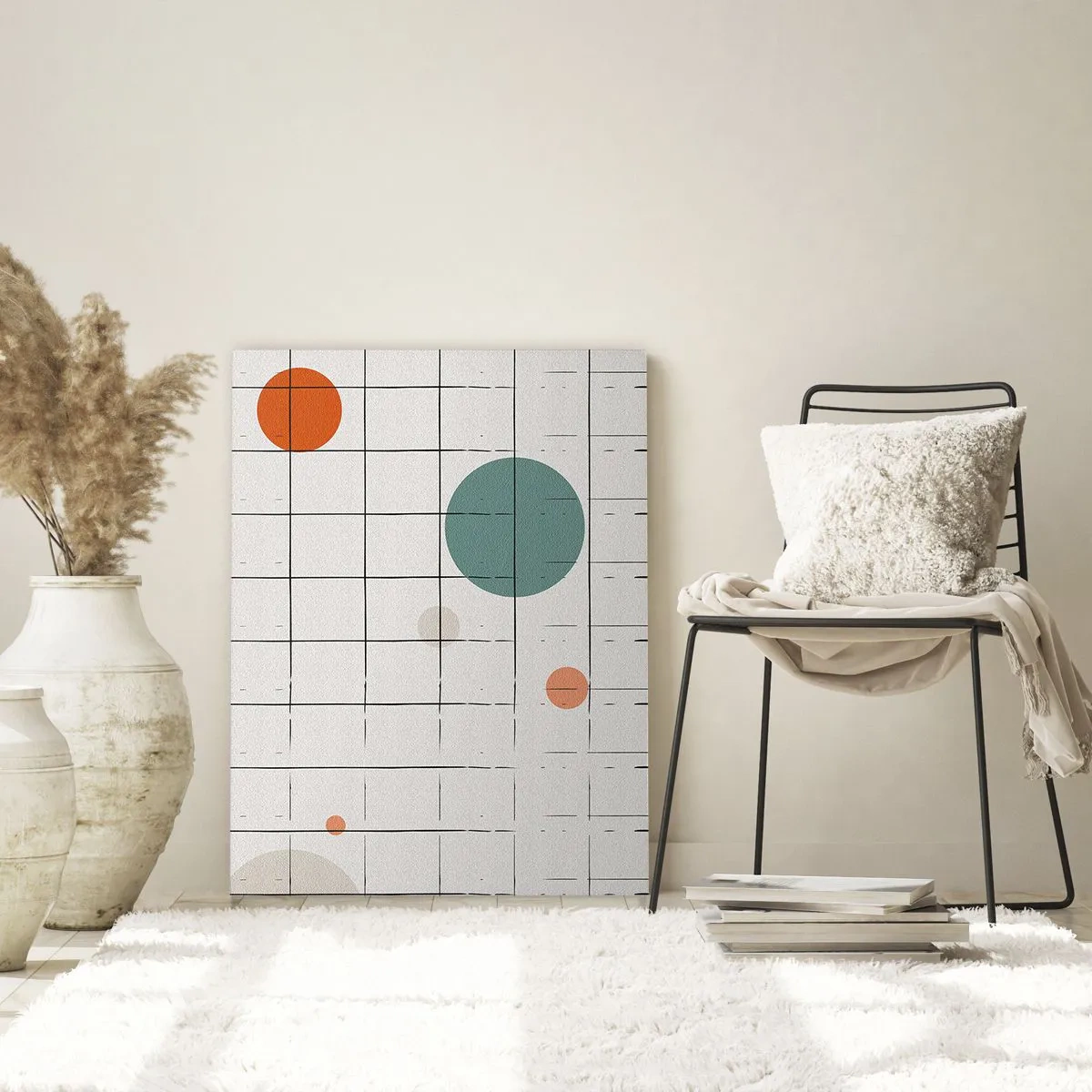 Impression sur verre - Image sur verre - Cercles colorés sur une grille géométrique de lignes fines - 50x70cm - Piégé. Nous ou eux ? - Décoration murale moderne pour le salon et la chambre ARTTOR