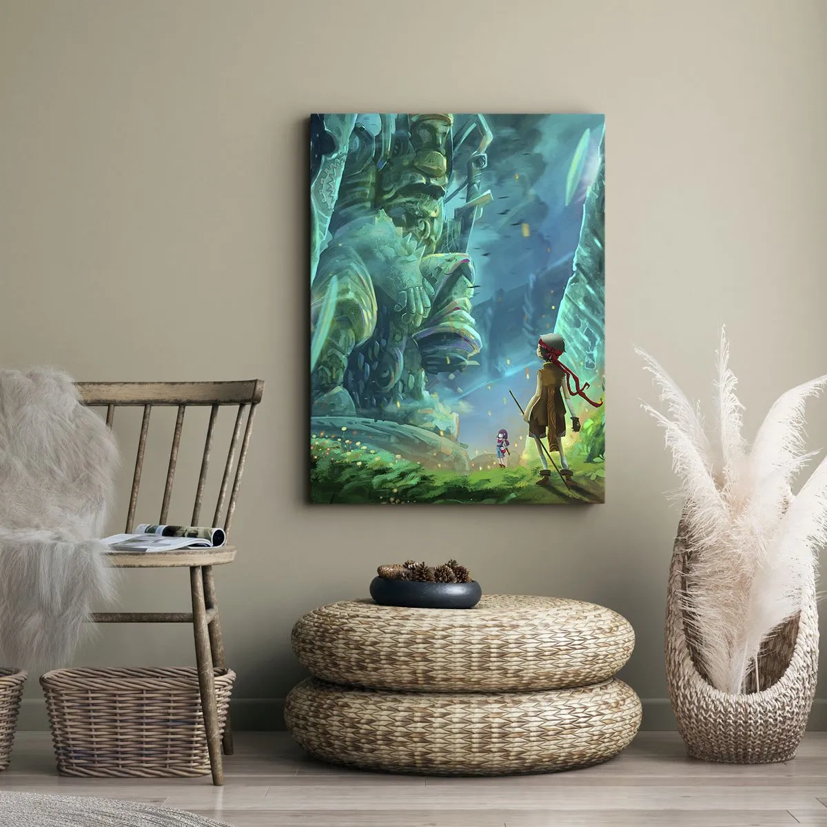 Impression sur toile - Image sur toile - Forêt magique avec un personnage d'explorateur - 80x120cm - Du grand livre des contes de fées - Décoration murale moderne pour le salon et la chambre ARTTOR