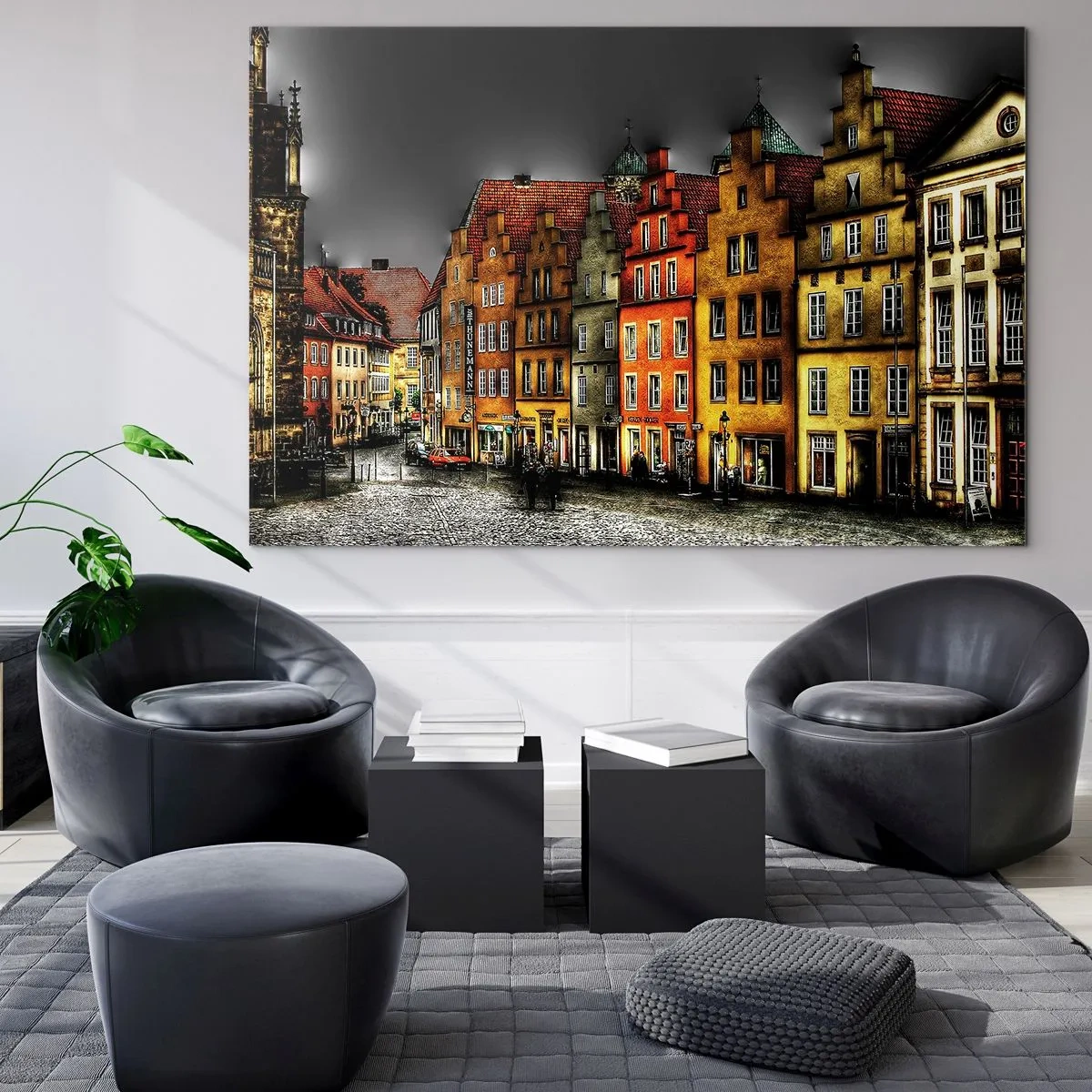 Impression sur verre - Image sur verre - Des immeubles colorés sur fond de ciel nuageux - 120x80cm - La seule chose qui manque est un carrosse enchantée - Décoration murale moderne pour le salon et la chambre ARTTOR