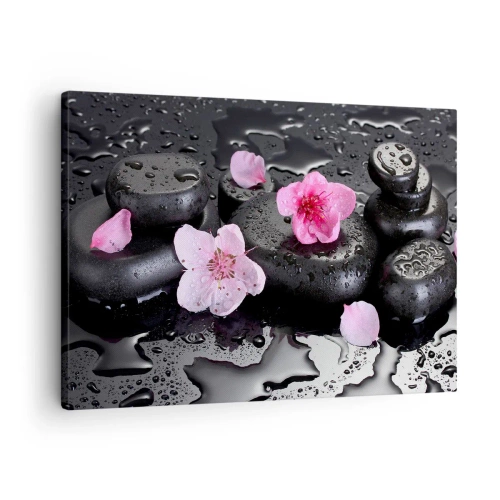 Impression sur toile - Image sur toile - Pierres noires et fleurs roses style spa - 70x50cm - Et le cœur s'allège soudainement - Décoration murale moderne pour le salon et la chambre ARTTOR