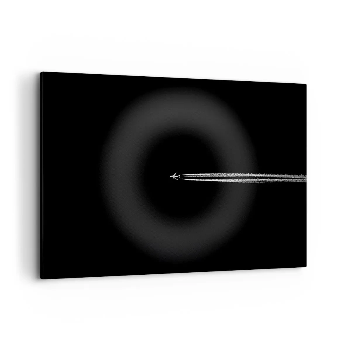 Impression sur toile - Image sur toile - Un avion à réaction avec une traînée de condensation visible sur fond noir - 120x80cm - Dans une autre dimension - Décoration murale moderne pour le salon et la chambre ARTTOR