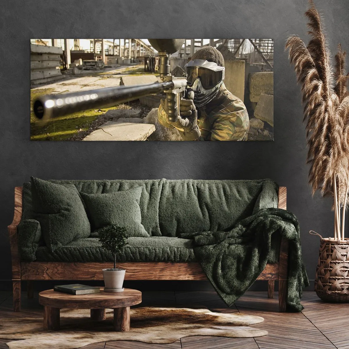 Impression sur toile - Image sur toile - Un joueur de paintball en tenue de camouflage visant un marqueur - 160x50cm - Et vous pouvez devenir un héros - Décoration murale moderne pour le salon et la chambre ARTTOR