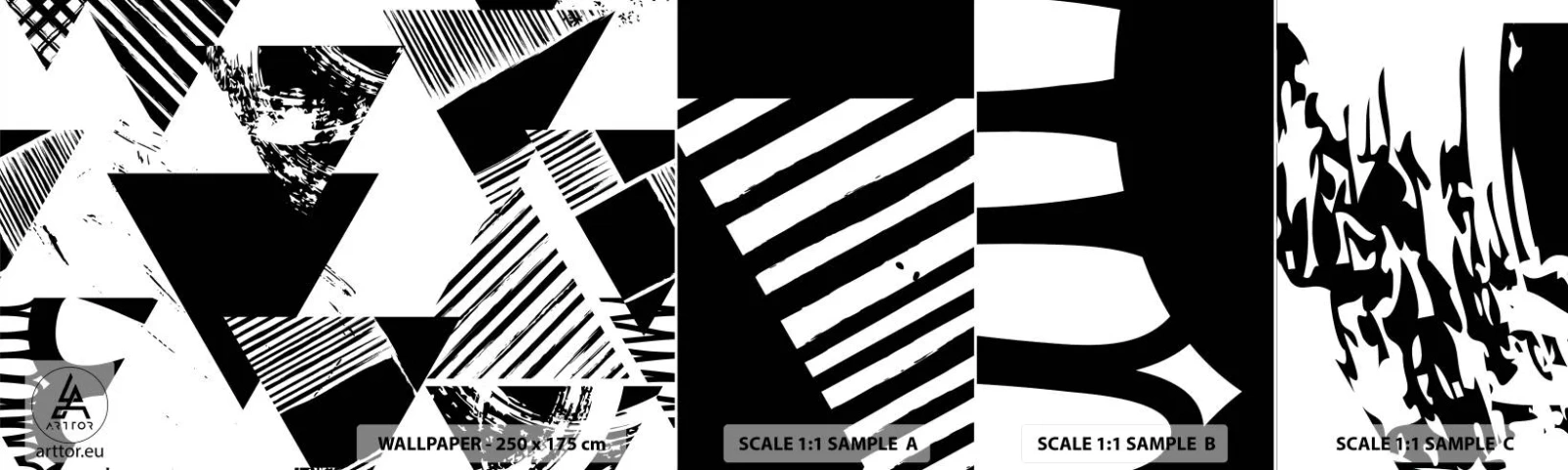 Échantillon de Papier Peint Autocollant Deluxe Sticker - Pluie de triangles - Abstraction, Graphique, Noir et blanc - 100x30 cm