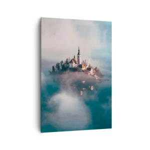 Impression sur toile - Image sur toile - Une île pittoresque avec une église entourée de brouillard - 70x100cm - Île de rêve - Décoration murale moderne pour le salon et la chambre ARTTOR