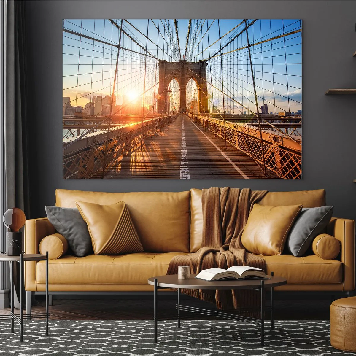 Impression sur verre - Image sur verre - Coucher de soleil sur le pont de Brooklyn à New York - 70x50cm - Sur le pont d'or - Décoration murale moderne pour le salon et la chambre ARTTOR