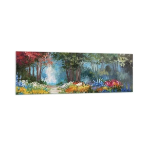 Impression sur verre - Image sur verre - Un jardin pittoresque rempli de fleurs et d'arbres colorés dans un cadre forestier - 160x50cm - Jardin forestier, forêt de fleurs - Décoration murale moderne pour le salon et la chambre ARTTOR