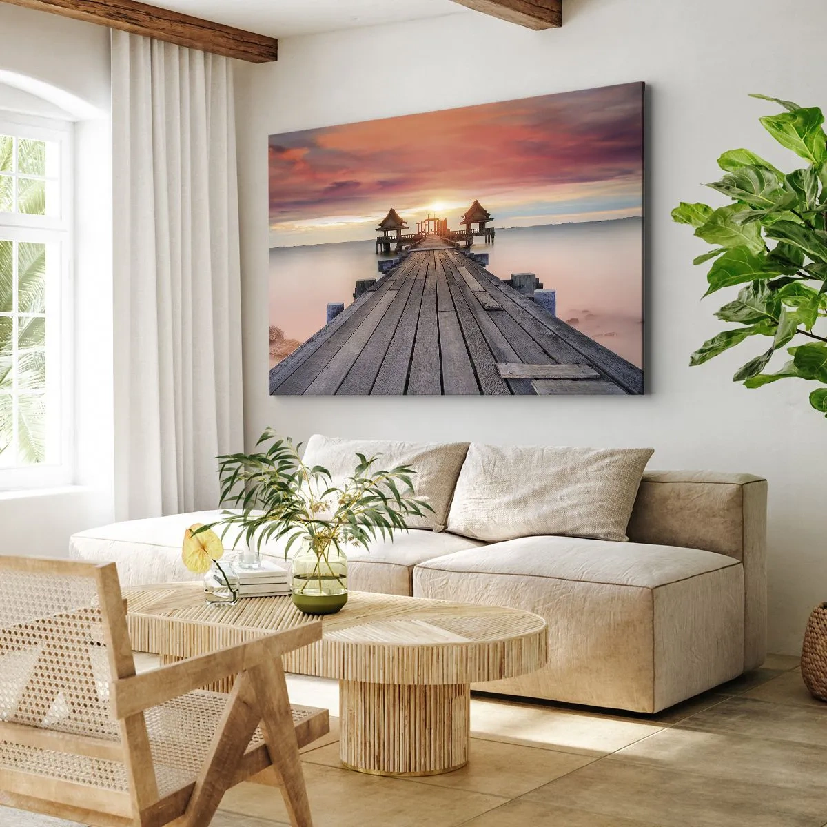 Impression sur toile - Image sur toile - Jetée en bois menant aux belvédères au coucher du soleil - 120x80cm - L'Ouest à l'Est - Décoration murale moderne pour le salon et la chambre ARTTOR