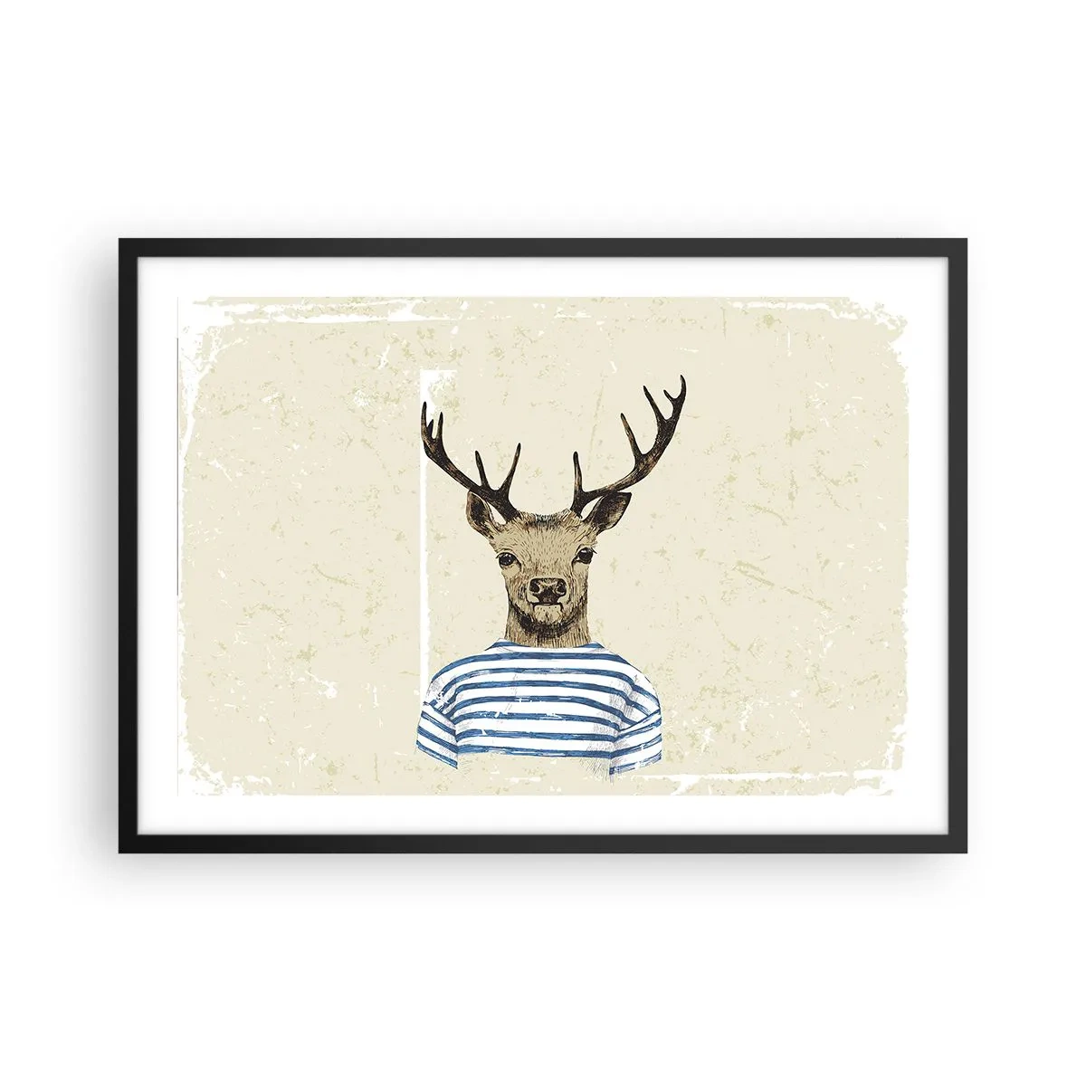 Affiche dans un cadre noir - Poster - Un cerf en chemise rayée sur un fond clair avec une texture délicate - 70x50cm - Parce que j'aime les chemises rayées - Décoration murale moderne pour le salon et la chambre ARTTOR