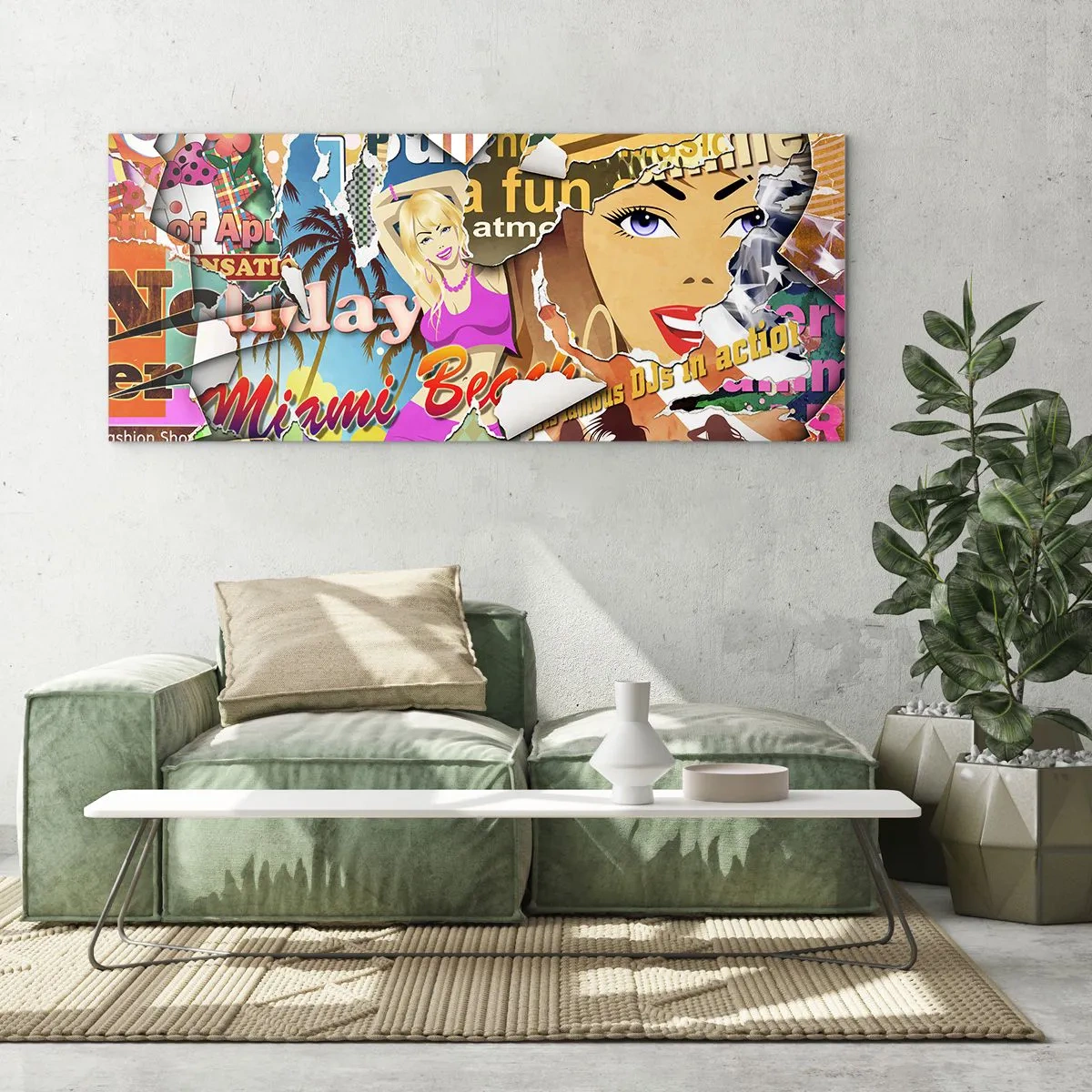 Impression sur verre - Image sur verre - Un collage coloré avec des éléments rétro et pop art. - 140x50cm - Souvenirs de vacances - Décoration murale moderne pour le salon et la chambre ARTTOR