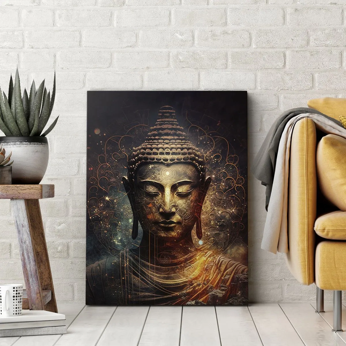 Impression sur toile - Image sur toile - Bouddha doré sur fond sombre avec ornements - 80x120cm - Équilibre spirituel - Décoration murale moderne pour le salon et la chambre ARTTOR