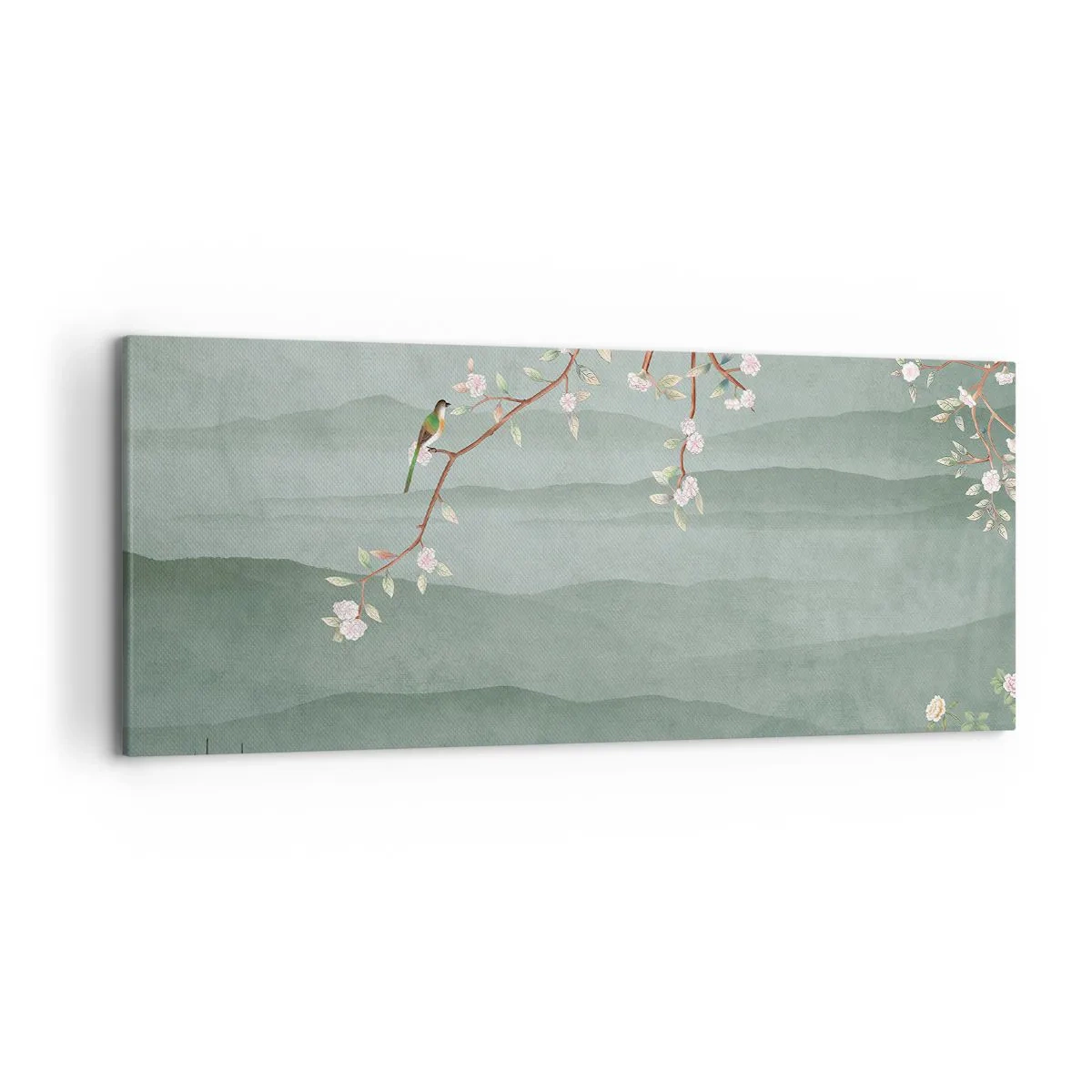 Impression sur toile - Image sur toile - Une image pittoresque d'une branche d'arbre en fleurs avec des oiseaux sur fond de collines verdoyantes. - 120x50cm - Printemps oh c'est toi - Décoration murale moderne pour le salon et la chambre ARTTOR