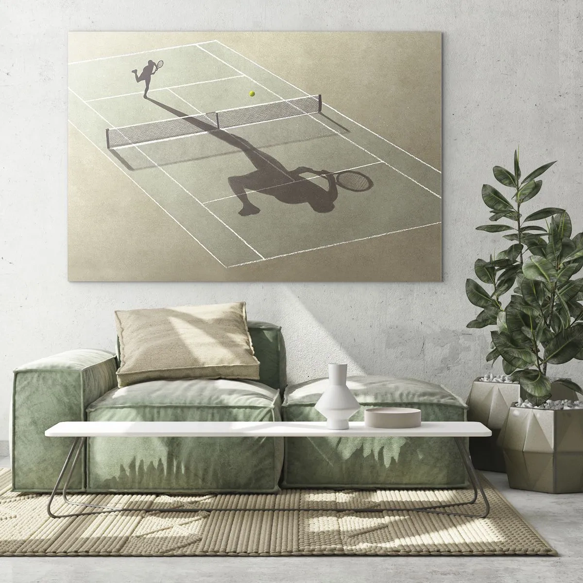 Impression sur verre - Image sur verre - La silhouette d'un joueur de tennis et son ombre sur le court pendant un service - 120x80cm - Dépassement de soi - Décoration murale moderne pour le salon et la chambre ARTTOR