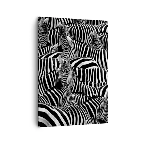 Impression sur toile - Image sur toile - Un groupe de zèbres avec des rayures noires et blanches créant un motif de symétrie. - 50x70cm - Portrait collectif à rayures - Décoration murale moderne pour le salon et la chambre ARTTOR