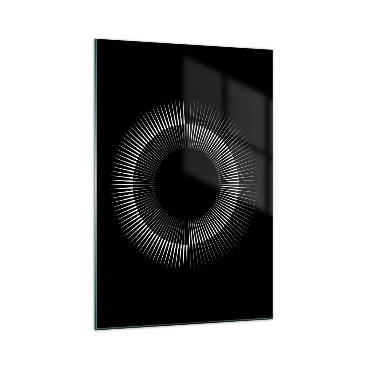Impression sur verre - Image sur verre - Cercle graphique avec des rayons en noir et blanc - 70x100cm - Soleil noir - Décoration murale moderne pour le salon et la chambre ARTTOR
