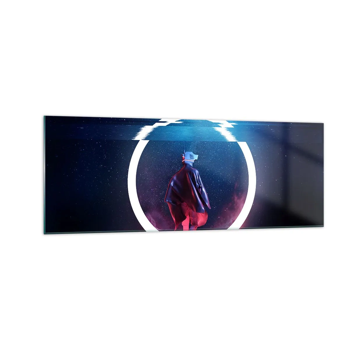 Impression sur verre - Image sur verre - Un personnage dans un environnement futuriste avec un cercle de néon - 140x50cm - Entre deux mondes - Décoration murale moderne pour le salon et la chambre ARTTOR