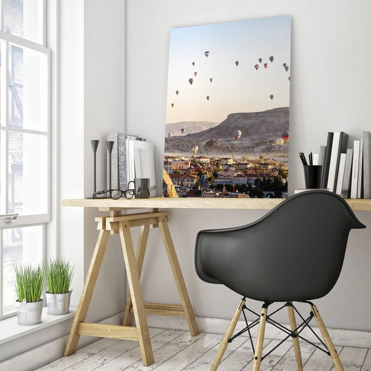 Impression sur verre - Image sur verre - Cappadoce avec des ballons sur fond de collines pittoresques - 80x120cm - Comme des navires dans le ciel - Décoration murale moderne pour le salon et la chambre ARTTOR
