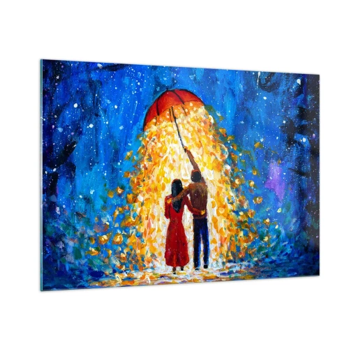 Impression sur verre - Image sur verre - Un couple sous un parapluie entouré d'une lumière dorée contre le ciel nocturne - 100x70cm - La magie d'une soirée pluvieuse ? - Décoration murale moderne pour le salon et la chambre ARTTOR