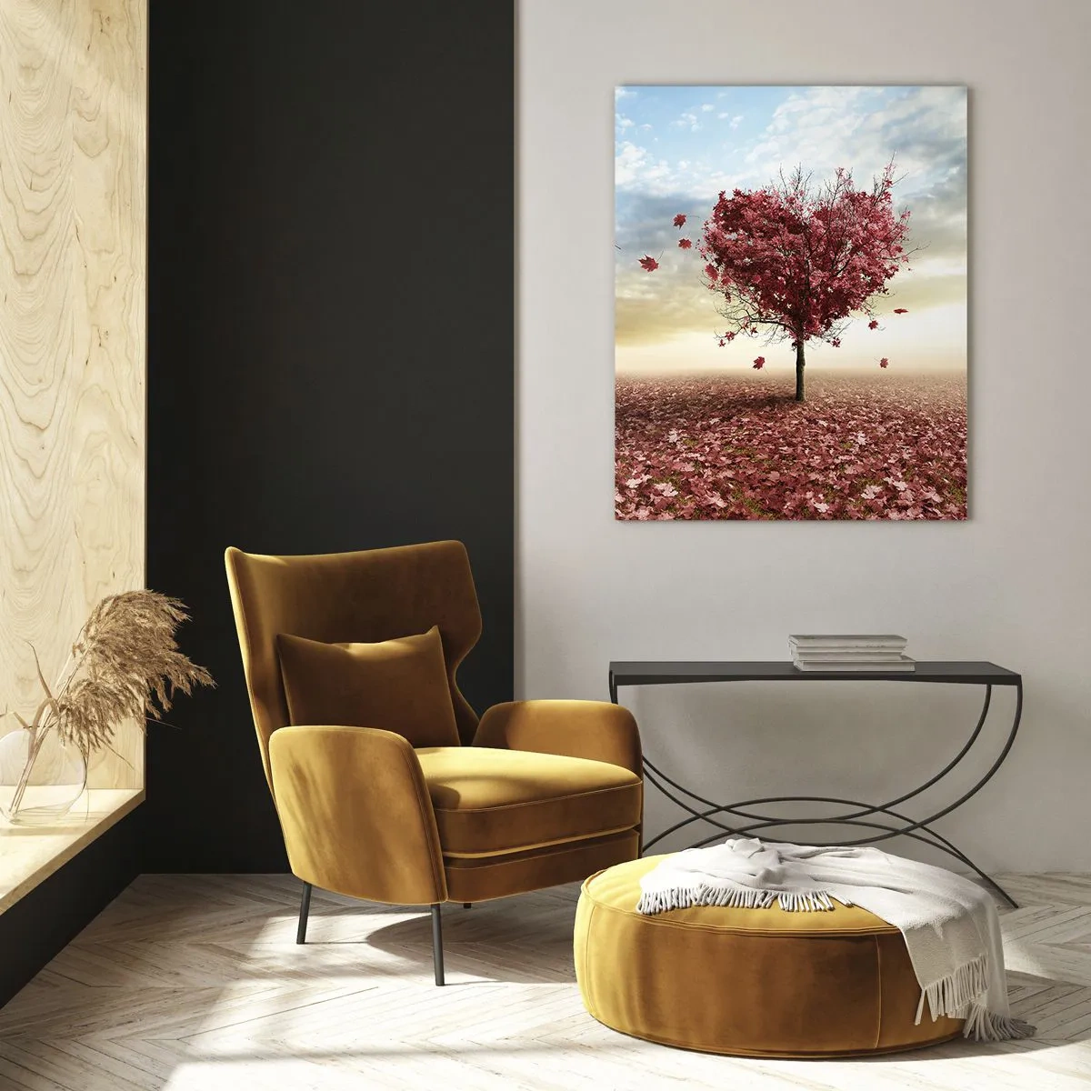 Impression sur verre - Image sur verre - Un arbre solitaire en forme de cœur dans un champ de feuilles rouges - 70x100cm - Vous allez aussi aimer l'automne - Décoration murale moderne pour le salon et la chambre ARTTOR