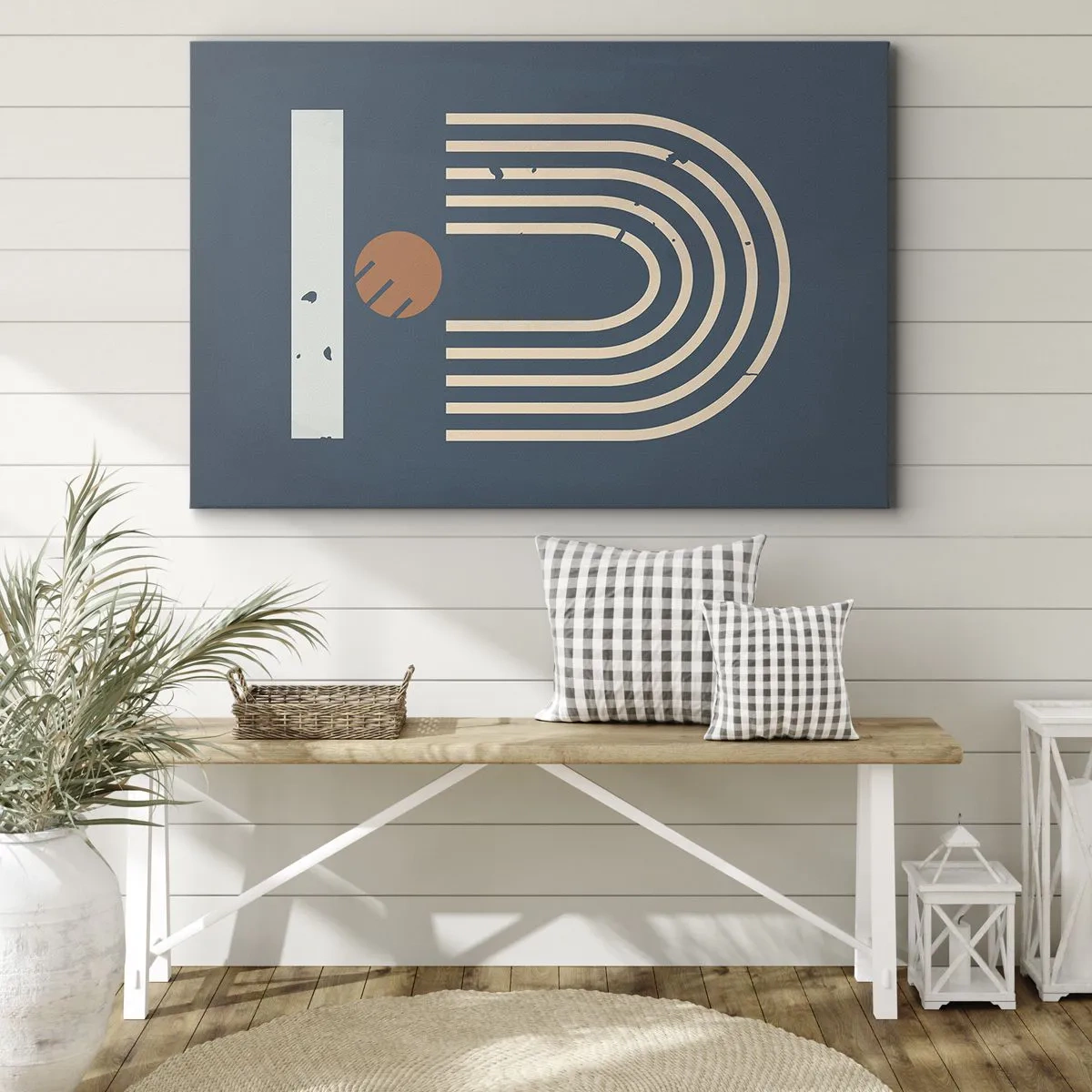 Impression sur toile - Image sur toile - Motif géométrique dans les tons bleu marine, beige et orange sur fond sombre - 120x80cm - Géométrie sur la grenade - Décoration murale moderne pour le salon et la chambre ARTTOR