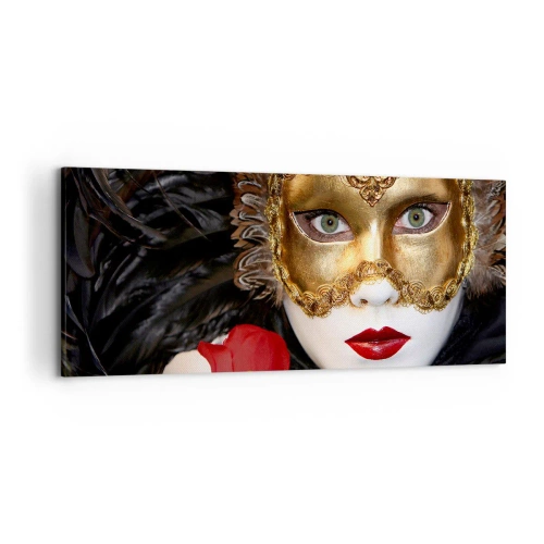 Impression sur toile - Image sur toile - Masque vénitien doré avec plumes et rose rouge, motif mystérieux. - 120x50cm - Parce que la vie est un grand bal - Décoration murale moderne pour le salon et la chambre ARTTOR