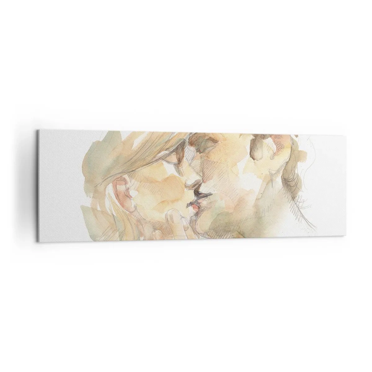 Impression sur toile - Image sur toile - Portrait romantique à l'aquarelle d'un couple s'embrassant - 160x50cm - A moitié trouvé ? - Décoration murale moderne pour le salon et la chambre ARTTOR