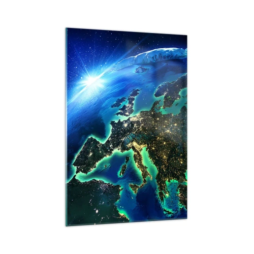 Impression sur verre - Image sur verre - Une vue d'Europe depuis l'espace à la lueur du soleil levant. - 70x100cm - Europe pétillante - Décoration murale moderne pour le salon et la chambre ARTTOR