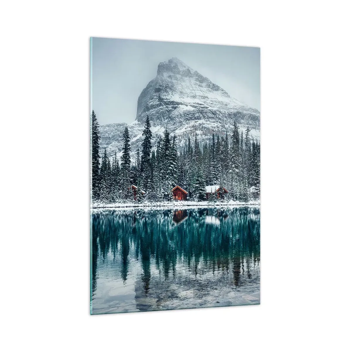 Impression sur verre - Image sur verre - Paysage d'hiver avec des chalets dans la forêt au bord d'un lac gelé - 70x100cm - Retraite canadienne - Décoration murale moderne pour le salon et la chambre ARTTOR
