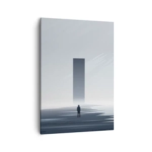 Impression sur toile - Image sur toile - Un paysage minimaliste avec une silhouette à côté d'un monolithe rectangulaire - 50x70cm - Opportunité ou menace ? - Décoration murale moderne pour le salon et la chambre ARTTOR