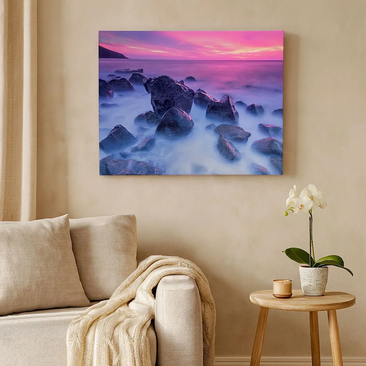 Impression sur toile - Image sur toile - Côte rocheuse au coucher du soleil - 70x50cm - Naissance dans la lumière et le brouillard - Décoration murale moderne pour le salon et la chambre ARTTOR