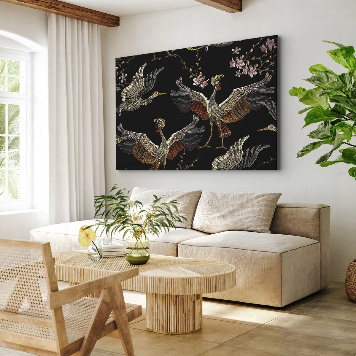 Impression sur toile - Image sur toile - Grues et fleurs élégantes sur fond noir - 100x70cm - Un oiseau de conte de fées - Décoration murale moderne pour le salon et la chambre ARTTOR