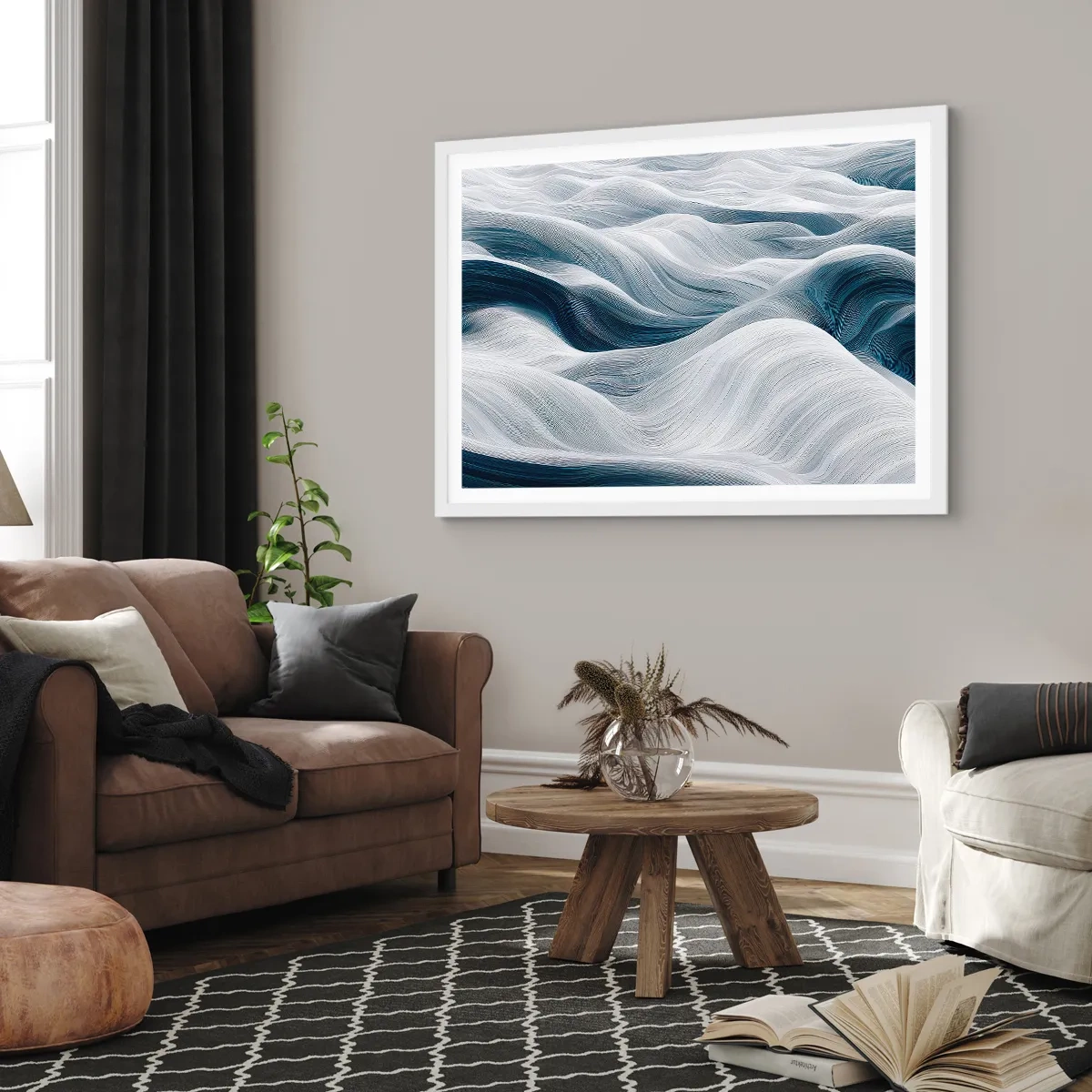 Affiche dans un cadre blanc - Poster - Vagues blanches et bleues - 40x30 cm