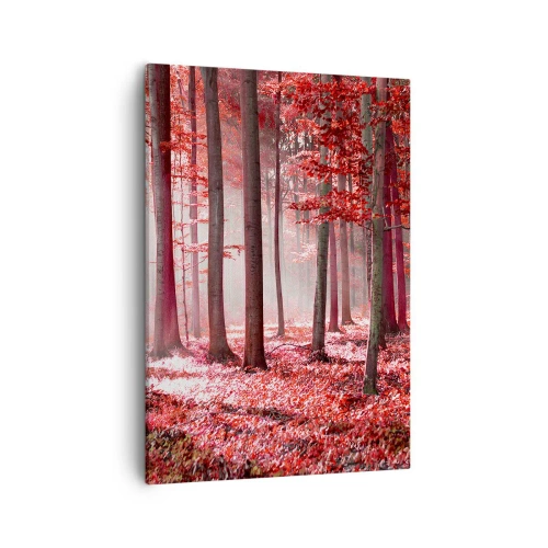 Impression sur toile - Image sur toile - Une forêt époustouflante aux teintes rouges avec des rayons de lumière pénétrant à travers les arbres - 50x70cm - Le rouge est tout aussi beau - Décoration murale moderne pour le salon et la chambre ARTTOR