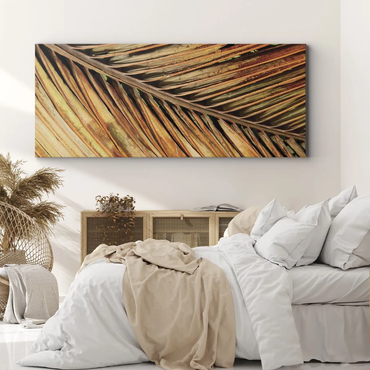 Impression sur toile - Image sur toile - Gros plan d'une feuille de palmier sèche aux tons chauds - 120x50cm - Or de noix de coco - Décoration murale moderne pour le salon et la chambre ARTTOR