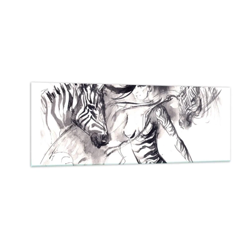 Impression sur verre - Image sur verre - Une femme dans une danse dynamique avec des zèbres dans une esthétique noir et blanc - 140x50cm - Danse avec les zèbres - Décoration murale moderne pour le salon et la chambre ARTTOR