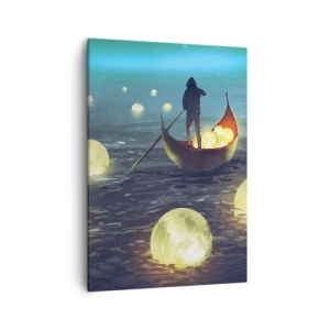 Impression sur toile - Image sur toile - Une silhouette dans un bateau entourée de boules lumineuses sur l'eau - 50x70cm - Des choses dont les philosophes n'ont jamais rêvé - Décoration murale moderne pour le salon et la chambre ARTTOR
