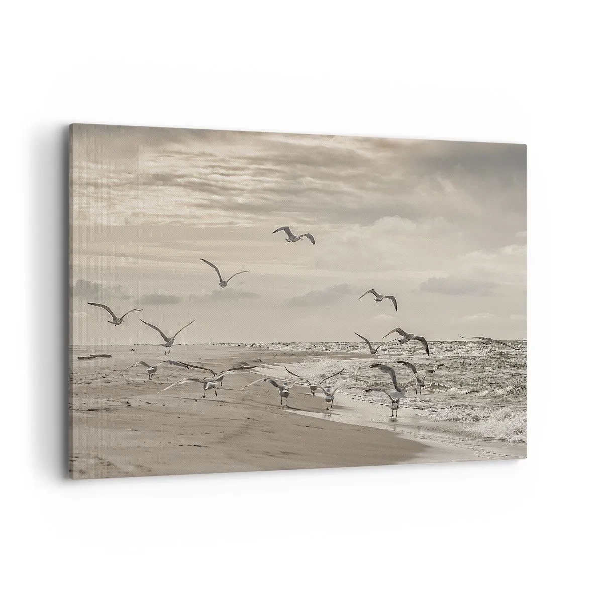 Impression sur toile - Image sur toile - Une mouette en vol au-dessus d'un paysage balnéaire - 100x70cm - Le bruit de la mer, le chant des oiseaux - Décoration murale moderne pour le salon et la chambre ARTTOR
