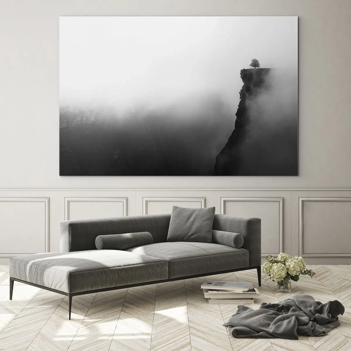 Impression sur verre - Image sur verre - Un arbre solitaire au bord d'une falaise dans un épais brouillard - 120x80cm - Au bord du monde - Décoration murale moderne pour le salon et la chambre ARTTOR