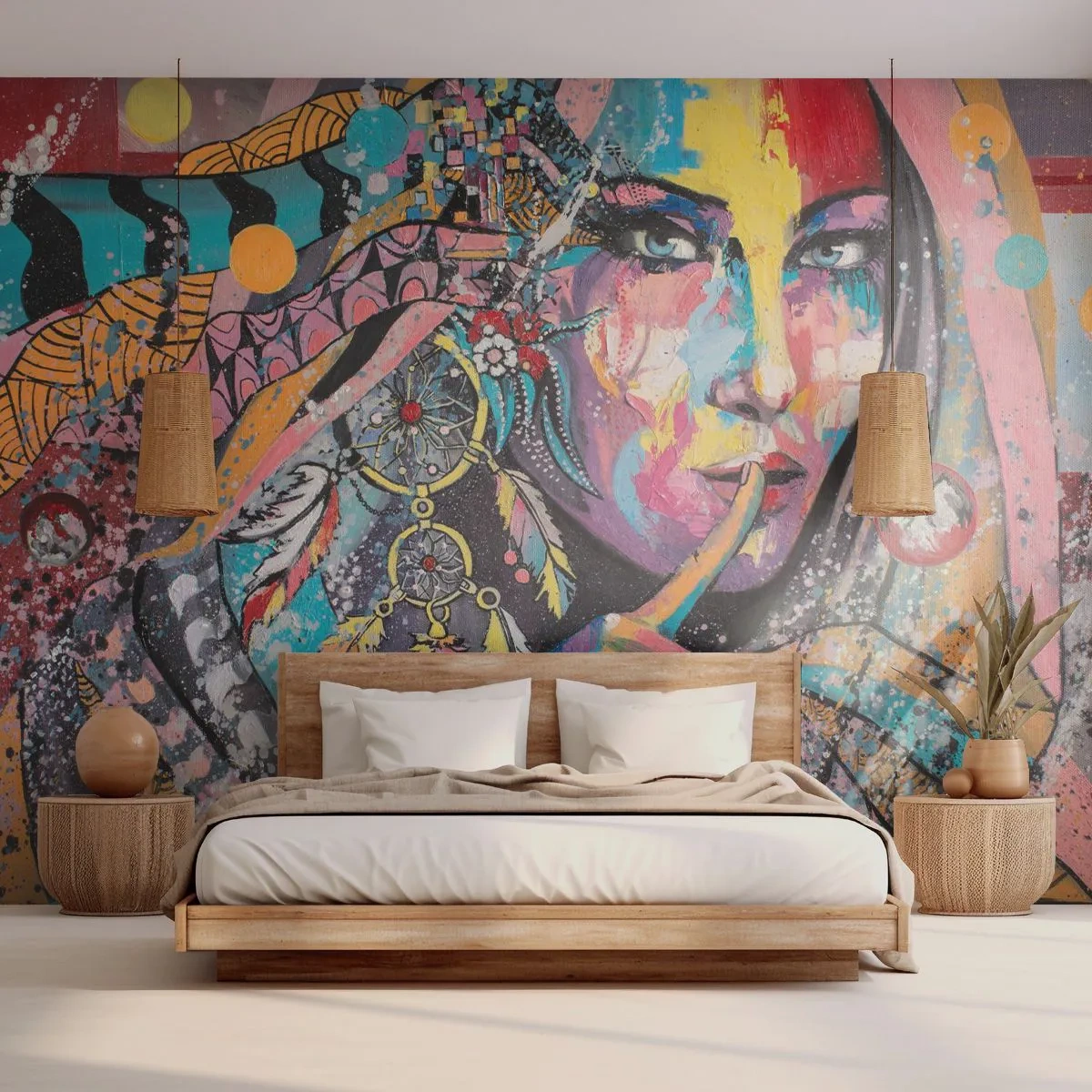 Papier Peint Photo Premium Sand - Portrait coloré d'une femme au style bohème - 100x70cm - Taisez-vous jusqu'à ce que vous compreniez - Décoration murale moderne pour le salon et la chambre ARTTOR