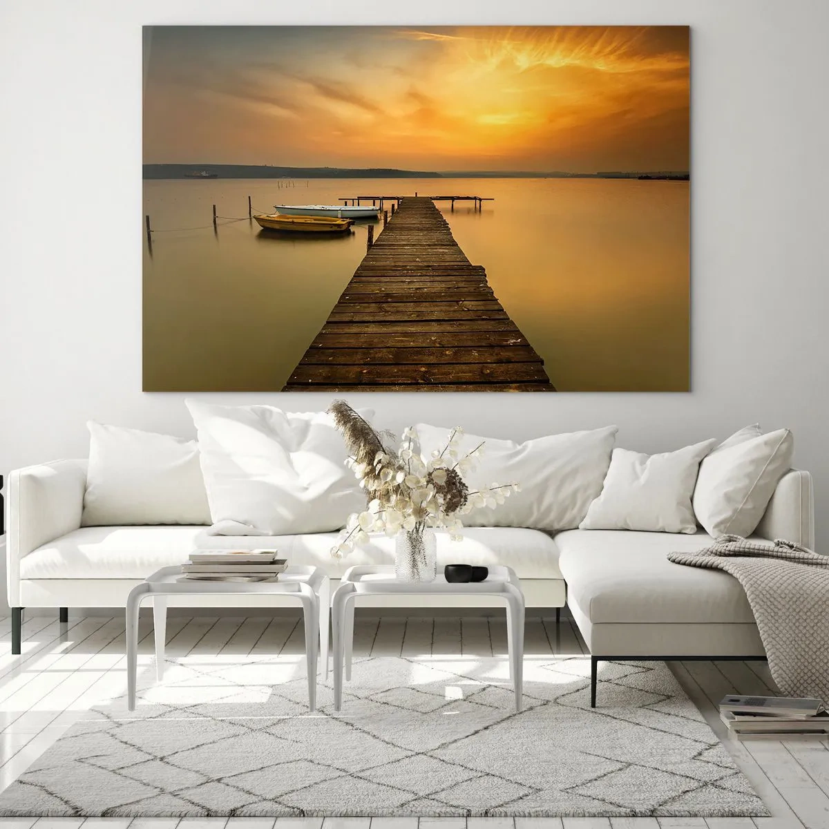 Impression sur verre - Image sur verre - Jetée sur le lac au coucher du soleil avec un bateau - 70x50cm - Je t'ouvrirai le ciel d'or - Décoration murale moderne pour le salon et la chambre ARTTOR