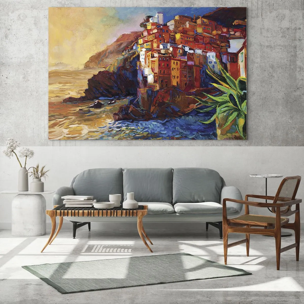 Impression sur verre - Image sur verre - Une ville colorée sur une falaise surplombant la mer - 100x70cm - Climats italien - Décoration murale moderne pour le salon et la chambre ARTTOR