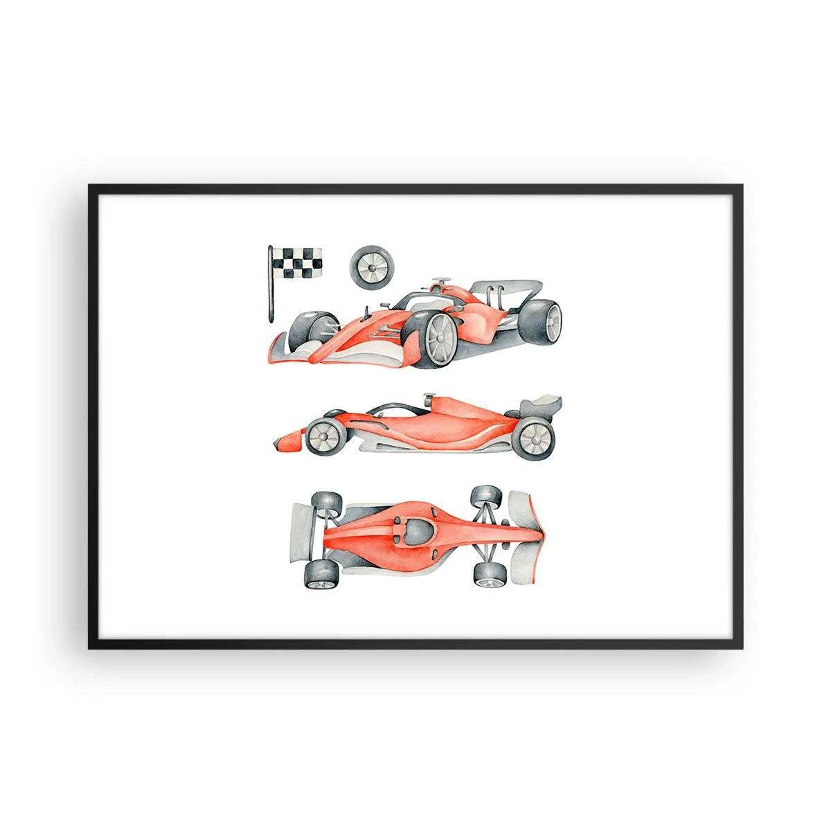 Affiche dans un cadre noir - Poster - Une voiture de course rouge avec un drapeau à damier - 100x70cm - poursuis ton rêve - Décoration murale moderne pour le salon et la chambre ARTTOR